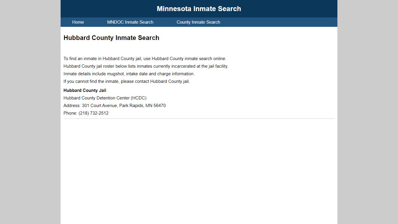 Hubbard County Inmate Search