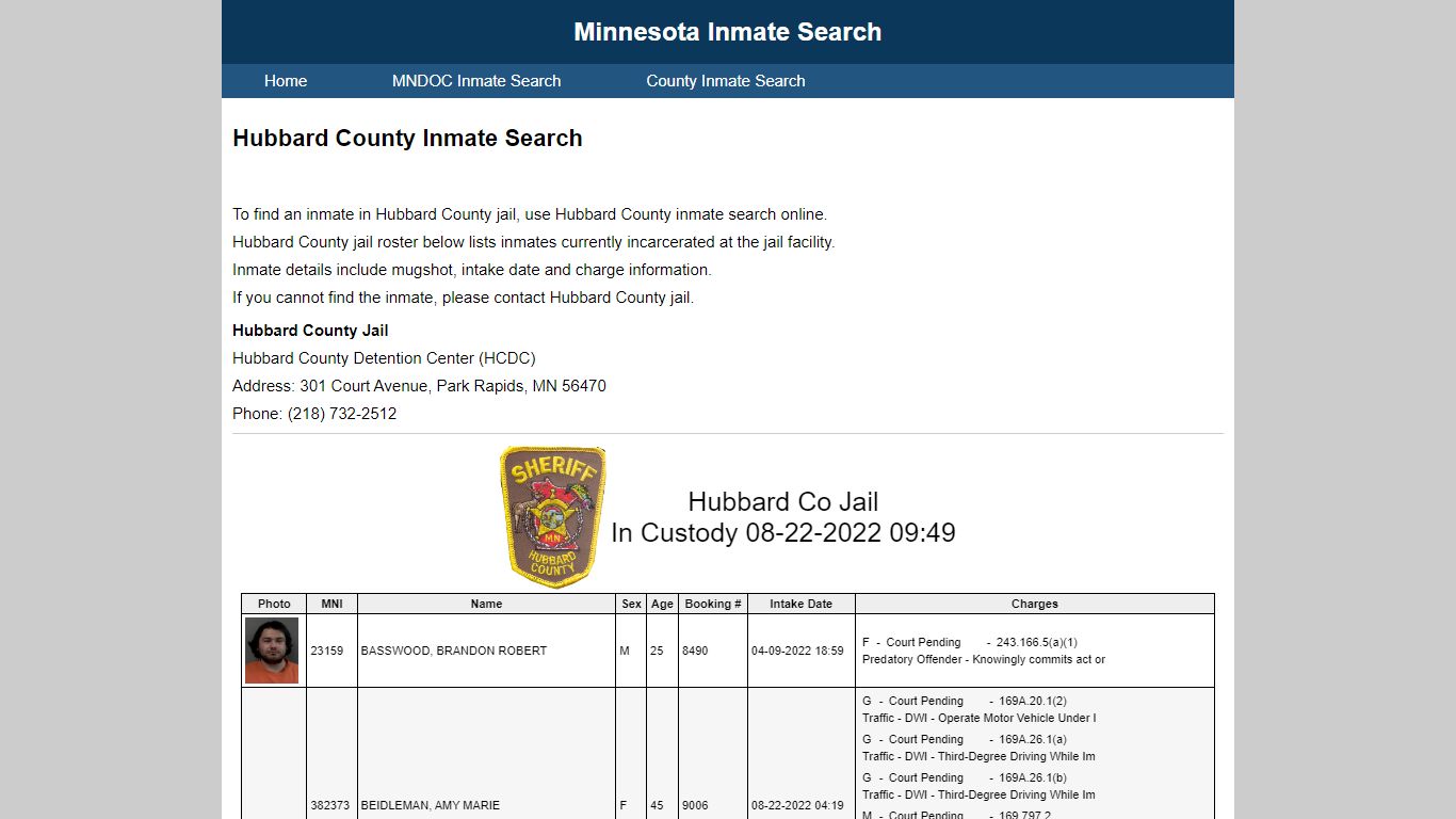 Hubbard County Inmate Search